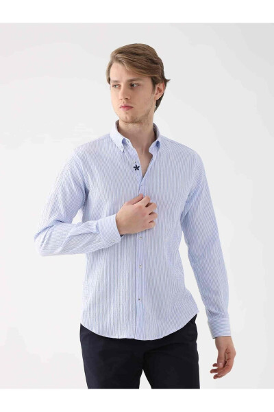 Light Blue Men's Slim Fit Waffle Pattern Button Down Long Sleeve Shirt - 95018 - 2