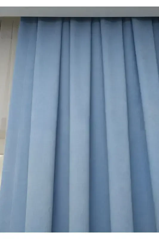 Light Blue Plain Color Backdrop Curtain, Flat Sewing Without Pleats, Buckram Gathering, Single Panel-Light Blue - 5