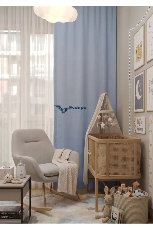 Light Blue Plain Color Backdrop Curtain, Flat Sewing Without Pleats, Buckram Gathering, Single Panel-Light Blue - 2
