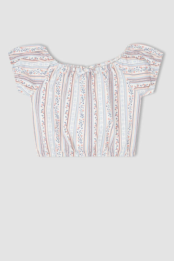 Light Blue Short-Sleeved Blouse with Pattern for Girls - 6