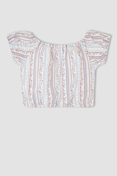 Light Blue Short-Sleeved Blouse with Pattern for Girls - 8