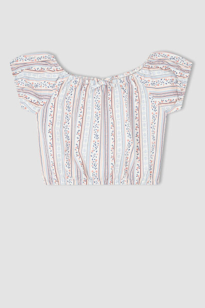 Light Blue Short-Sleeved Blouse with Pattern for Girls - 4