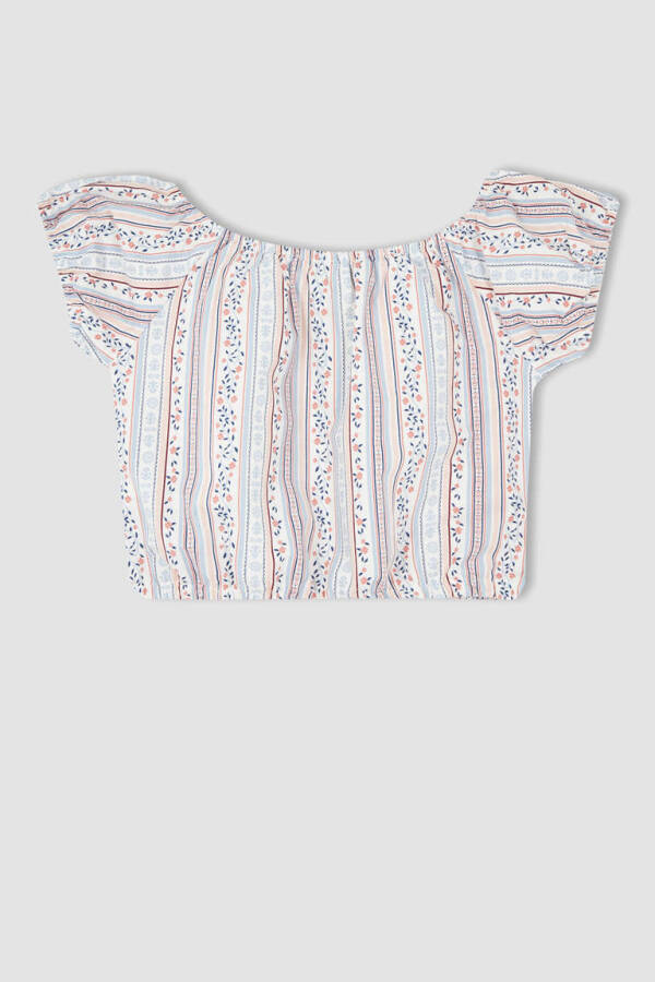 Light Blue Short-Sleeved Blouse with Pattern for Girls - 5