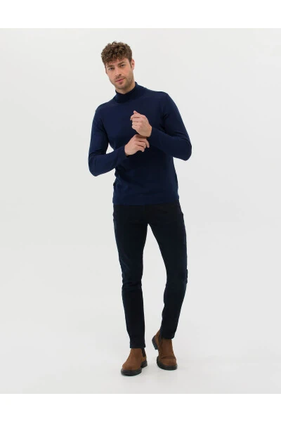 Light Blue Slim Fit Fisherman Neck Basic Knit Sweater - 3