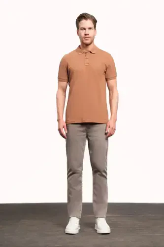 Light Brown Basic Plain 100% Cotton Slim Fit Short Sleeve Polo Neck Men's T-Shirt - MORVEN (1)