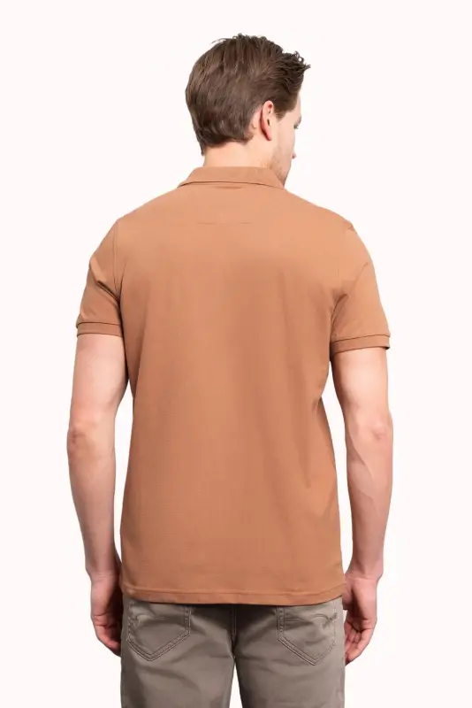 Light Brown Basic Plain 100% Cotton Slim Fit Short Sleeve Polo Neck Men's T-Shirt - 5