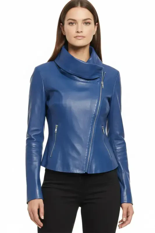 Light, genuine leather, blue jacket. Side zipper, fitted, unlined. - DERIDERIM