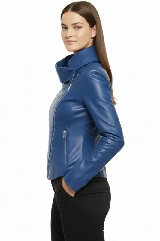 Light, genuine leather, blue jacket. Side zipper, fitted, unlined. - 2