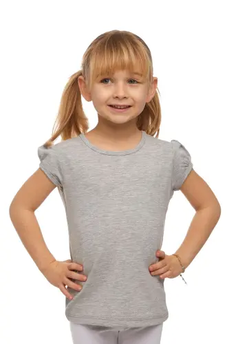 Light Gray Basic Girls' Crew Neck Puff Sleeve T-Shirt - ASH GRAY 