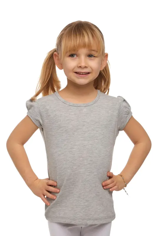 Light Gray Basic Girls' Crew Neck Puff Sleeve T-Shirt - ASH GRAY - LOVETTI