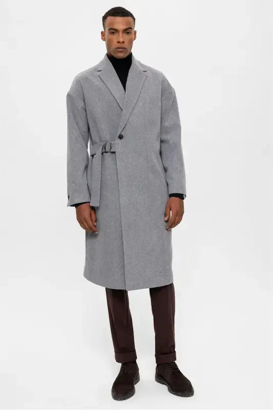 Light Gray Belted Oversize Men's Coat-Light Gray - 1