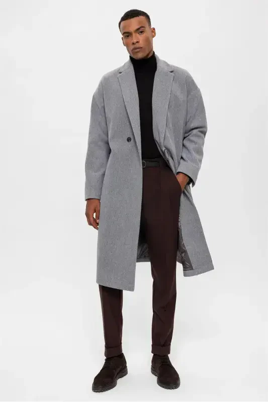 Light Gray Belted Oversize Men's Coat-Light Gray - 2