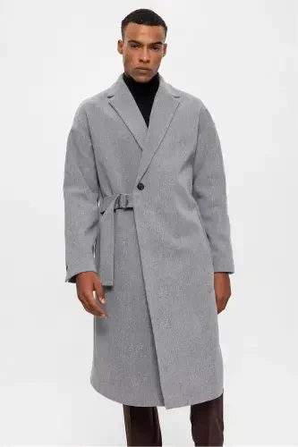 Light Gray Belted Oversize Men's Coat-Light Gray - 3