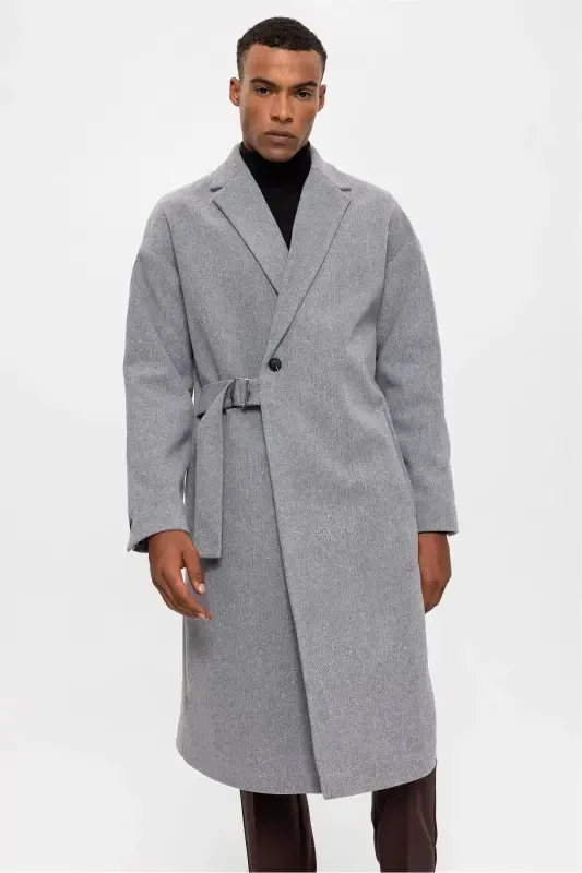 Light Gray Belted Oversize Men's Coat-Light Gray - 3