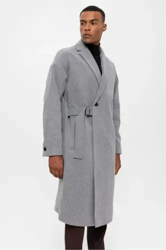 Light Gray Belted Oversize Men's Coat-Light Gray - 4