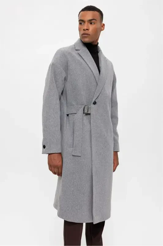 Light Gray Belted Oversize Men's Coat-Light Gray - 4