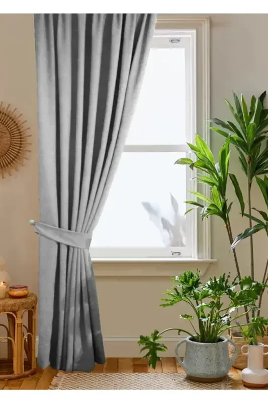 Light Gray Honeycomb Velvet Textured Backdrop Curtain Plain Sewn Extrafor Pleated 1st Class Quality-Light Gray - 3