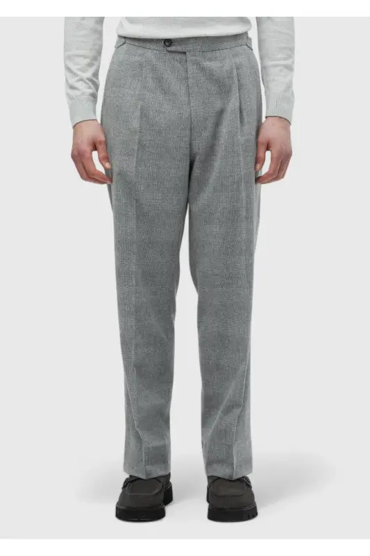 Light Gray Patterned Woven Casual Wool Blend Trousers - 2
