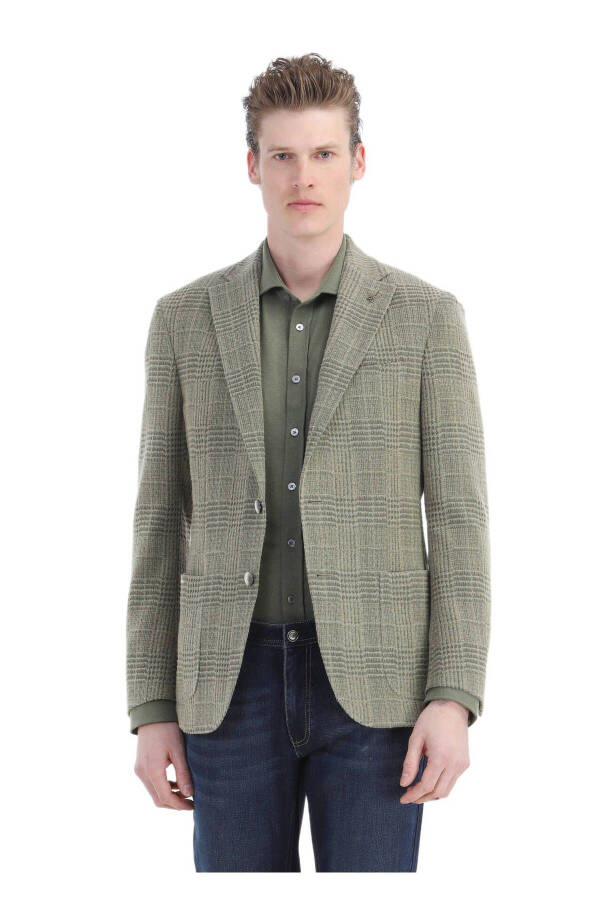 Light Green Checked Shirt Shoulder Slim Fit Wool Blend Jacket - 1