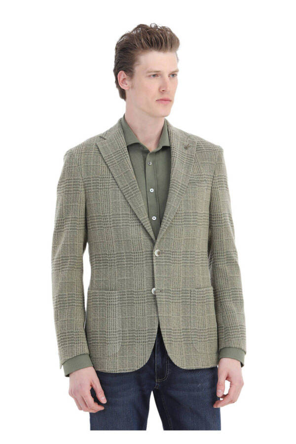 Light Green Checked Shirt Shoulder Slim Fit Wool Blend Jacket - 3