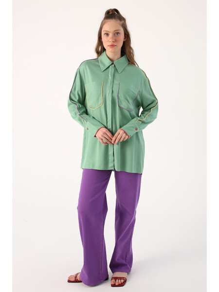 Light Green Viscose Shirt with Piping Detail - 5