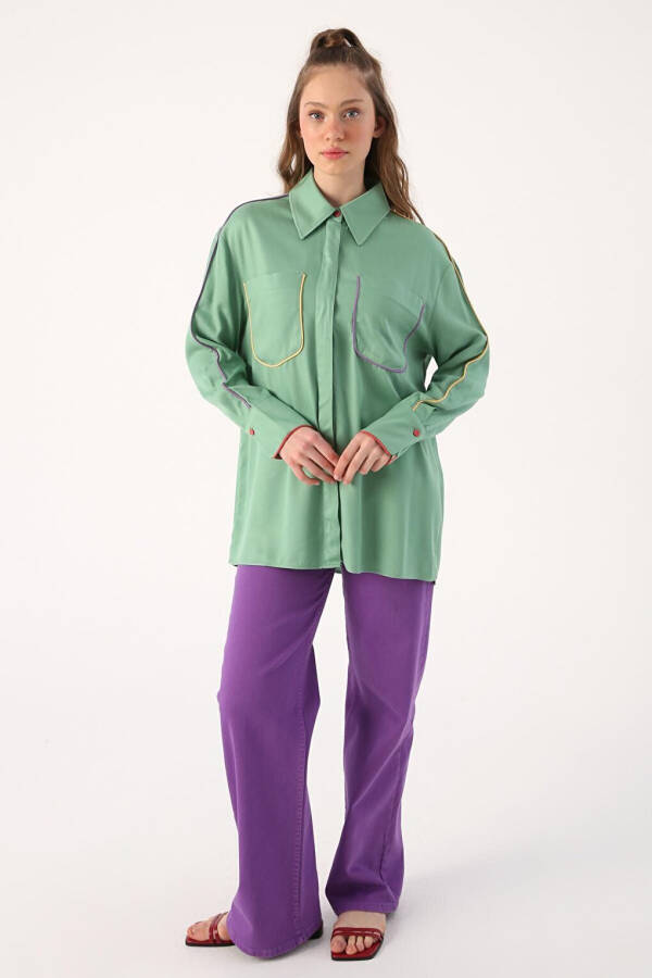 Light Green Viscose Shirt with Piping Detail - 9