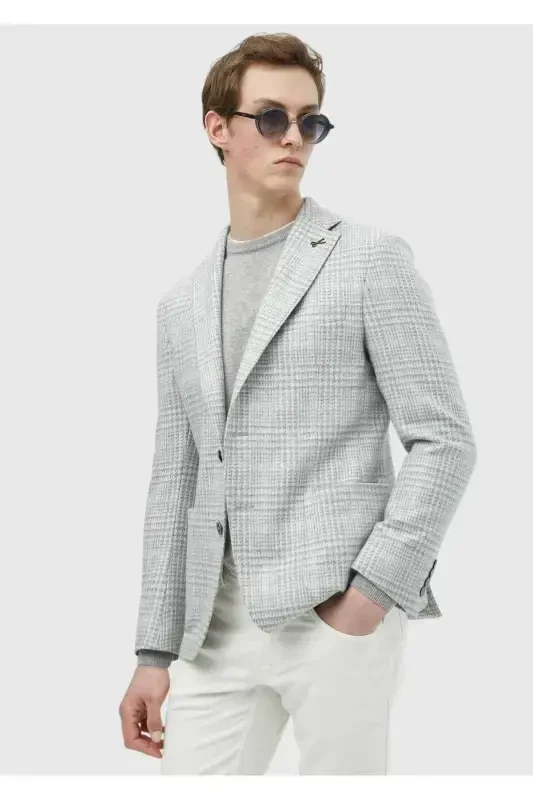 Light Grey Checked Shirt Shoulder Slim Fit Wool Blend Jacket - 1