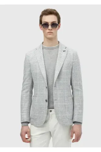 Light Grey Checked Shirt Shoulder Slim Fit Wool Blend Jacket - 3