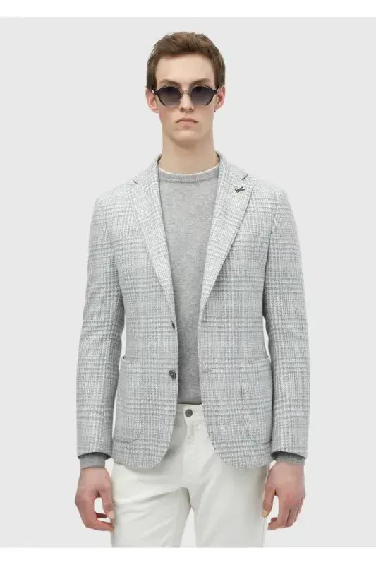 Light Grey Checked Shirt Shoulder Slim Fit Wool Blend Jacket - 3