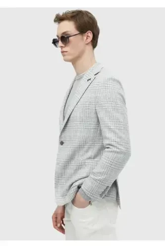 Light Grey Checked Shirt Shoulder Slim Fit Wool Blend Jacket - 4