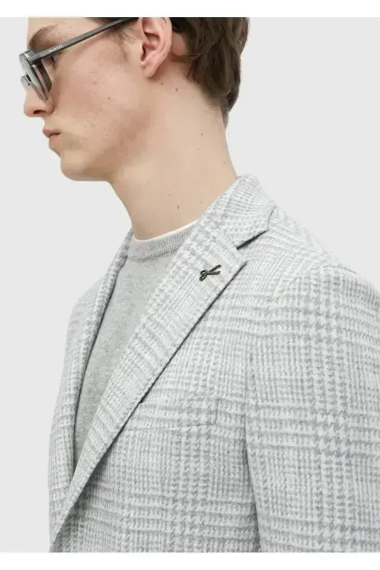 Light Grey Checked Shirt Shoulder Slim Fit Wool Blend Jacket - 5