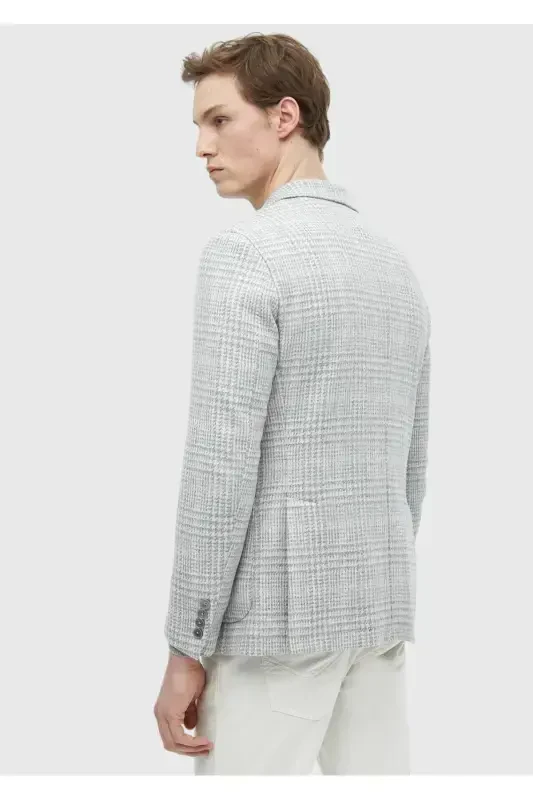 Light Grey Checked Shirt Shoulder Slim Fit Wool Blend Jacket - 6