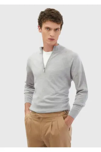 Light Grey Half Fisherman Neck Plain Knit 100% Wool Sweater - 1