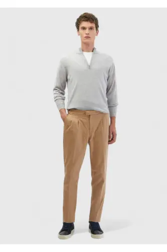 Light Grey Half Fisherman Neck Plain Knit 100% Wool Sweater - 2