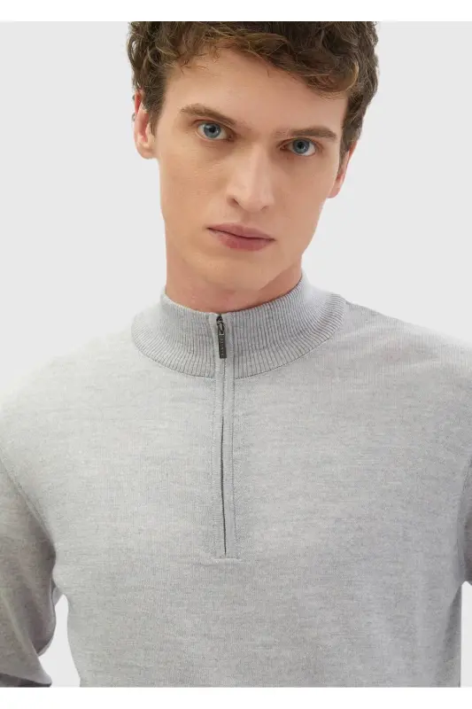 Light Grey Half Fisherman Neck Plain Knit 100% Wool Sweater - 3