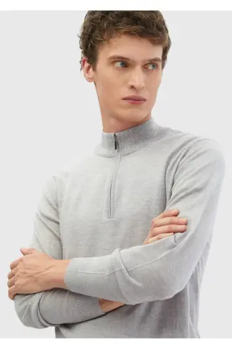 Light Grey Half Fisherman Neck Plain Knit 100% Wool Sweater - 4