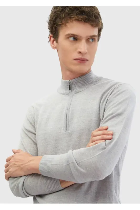 Light Grey Half Fisherman Neck Plain Knit 100% Wool Sweater - 4