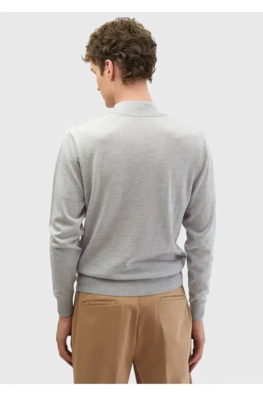 Light Grey Half Fisherman Neck Plain Knit 100% Wool Sweater - 5