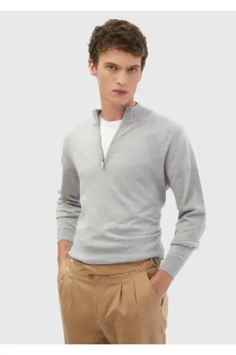 Light Grey Half Fisherman Neck Plain Knit 100% Wool Sweater - 1