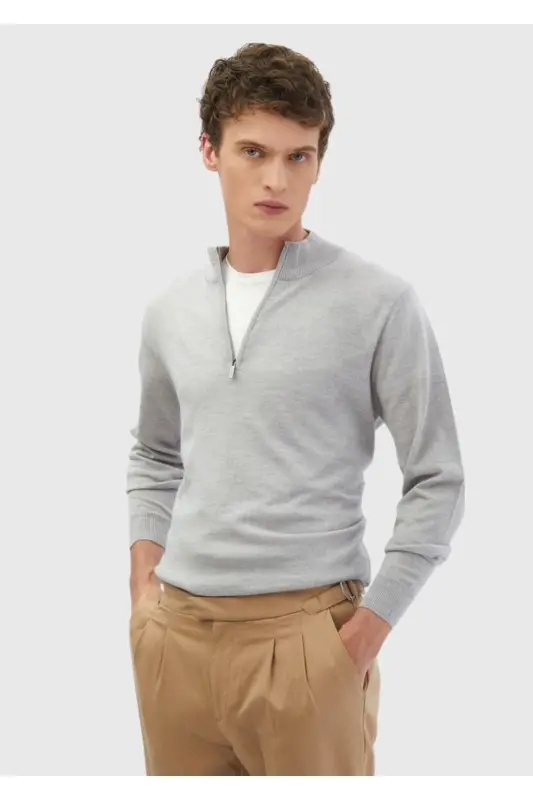 Light Grey Half Fisherman Neck Plain Knit 100% Wool Sweater - 1