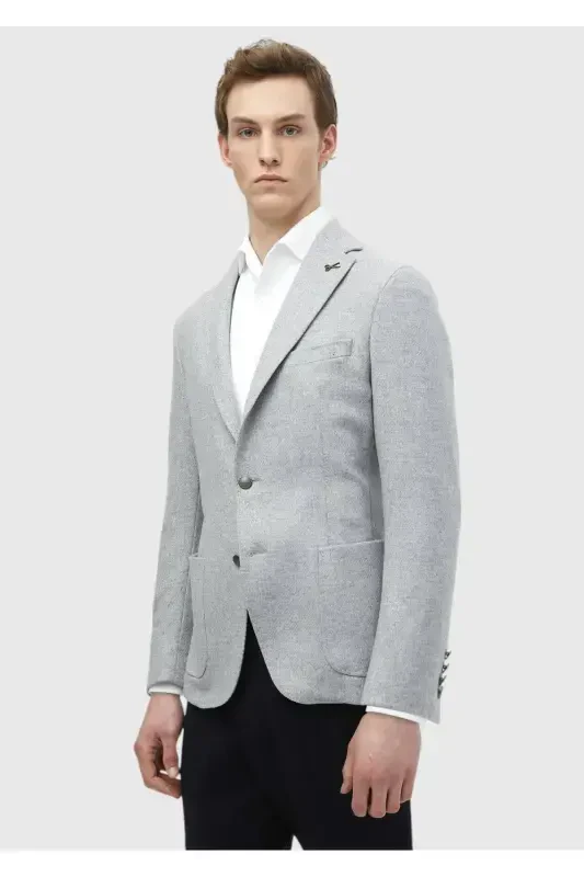 Light Grey Plain Shirt Shoulder Slim Fit Wool Blend Jacket - 1