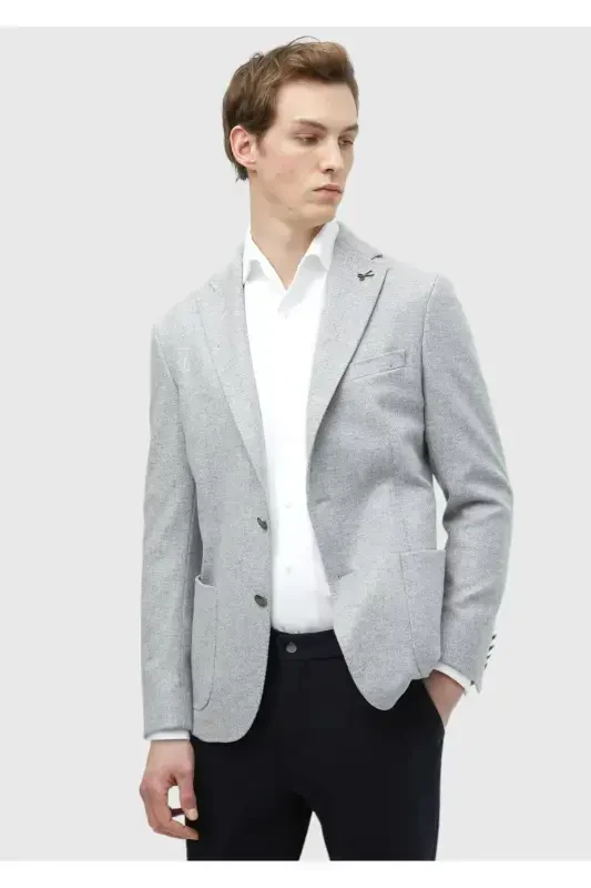 Light Grey Plain Shirt Shoulder Slim Fit Wool Blend Jacket - 3