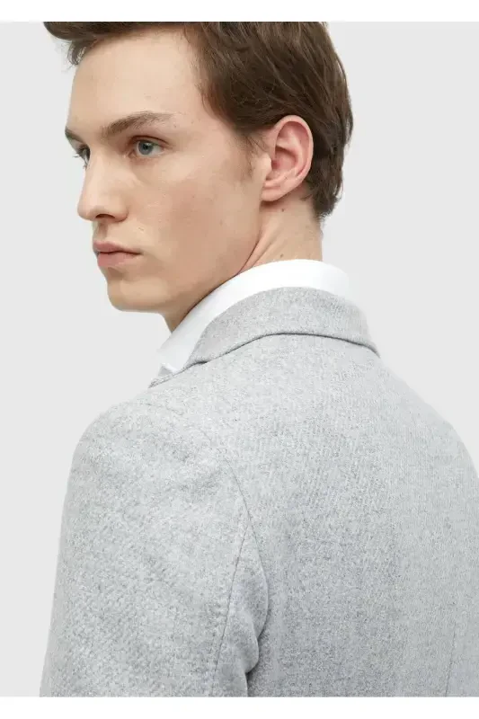 Light Grey Plain Shirt Shoulder Slim Fit Wool Blend Jacket - 5