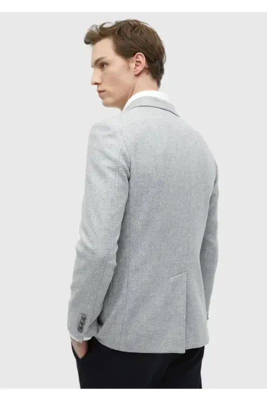 Light Grey Plain Shirt Shoulder Slim Fit Wool Blend Jacket - 6