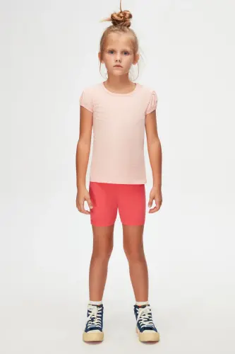 Light Pink Melange Basic Girls' Crew Neck Watermelon Sleeve T-Shirt - BRIGHT PINK MELANGE 
