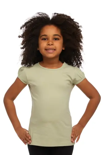 Light Pistachio Green Basic Girl's Crew Neck Melon Sleeve T-shirt-FOG GREEN - 1