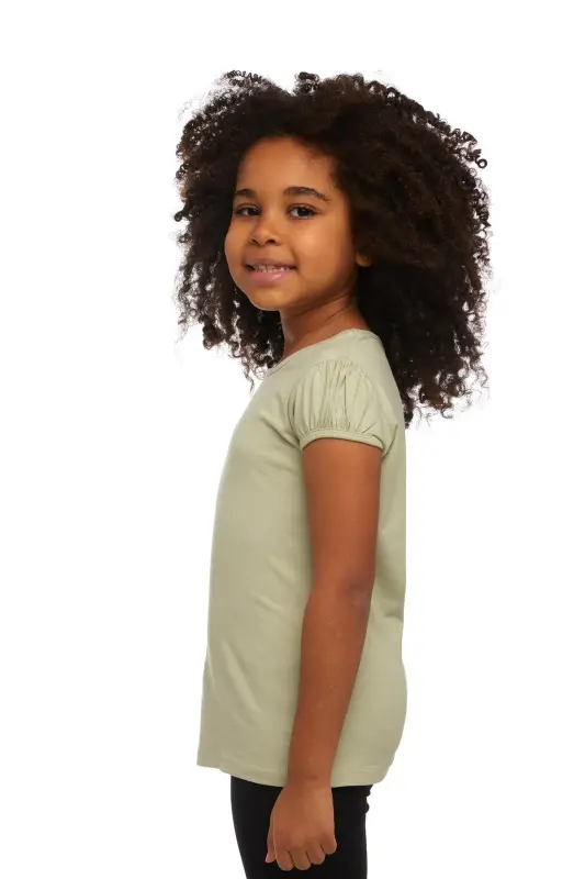 Light Pistachio Green Basic Girl's Crew Neck Melon Sleeve T-shirt-FOG GREEN - 2