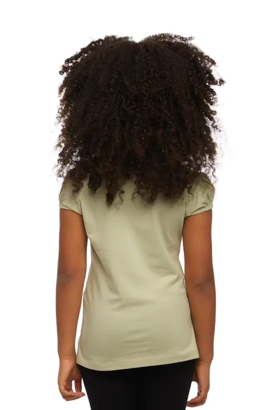 Light Pistachio Green Basic Girl's Crew Neck Melon Sleeve T-shirt-FOG GREEN - 3