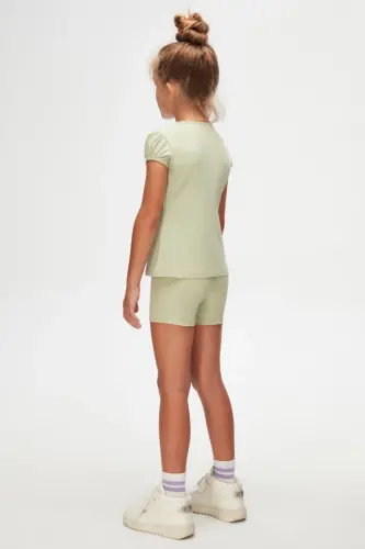 Light Pistachio Green Basic Girl's Crew Neck Melon Sleeve T-shirt-FOG GREEN - 5