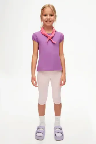 Light Purple Basic Girls Crew Neck Watermelon Sleeve T-Shirt-VIOLET - 1